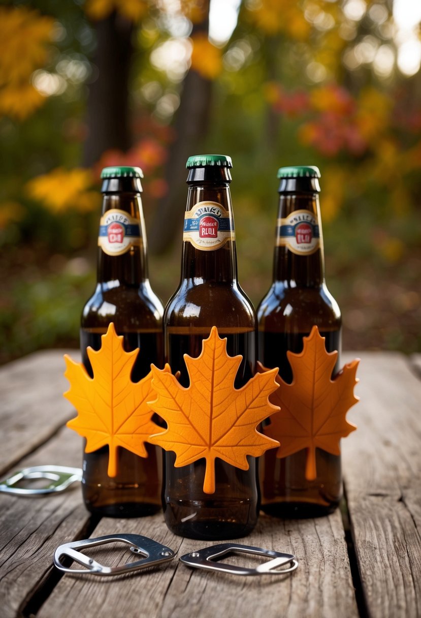 Maple leaf bottle openers arranged on a rustic wooden table with fall foliage in the background