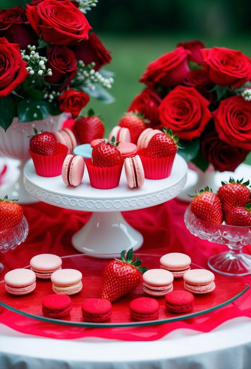 A red-themed dessert table adorned with roses, macarons, and strawberries. Romantic wedding ideas with elegant red decor