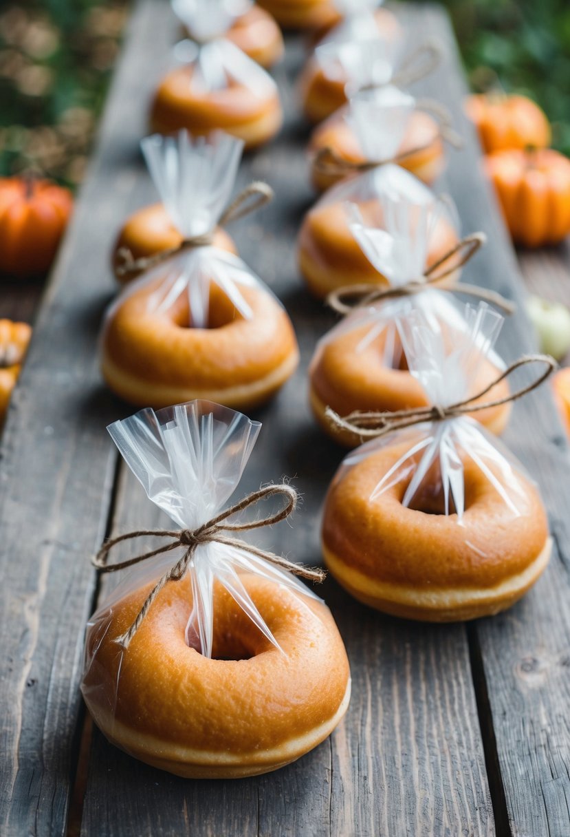 A rustic wooden table adorned with bags of cider donuts, tied with twine and ready for takeaway. A cozy fall wedding favor idea