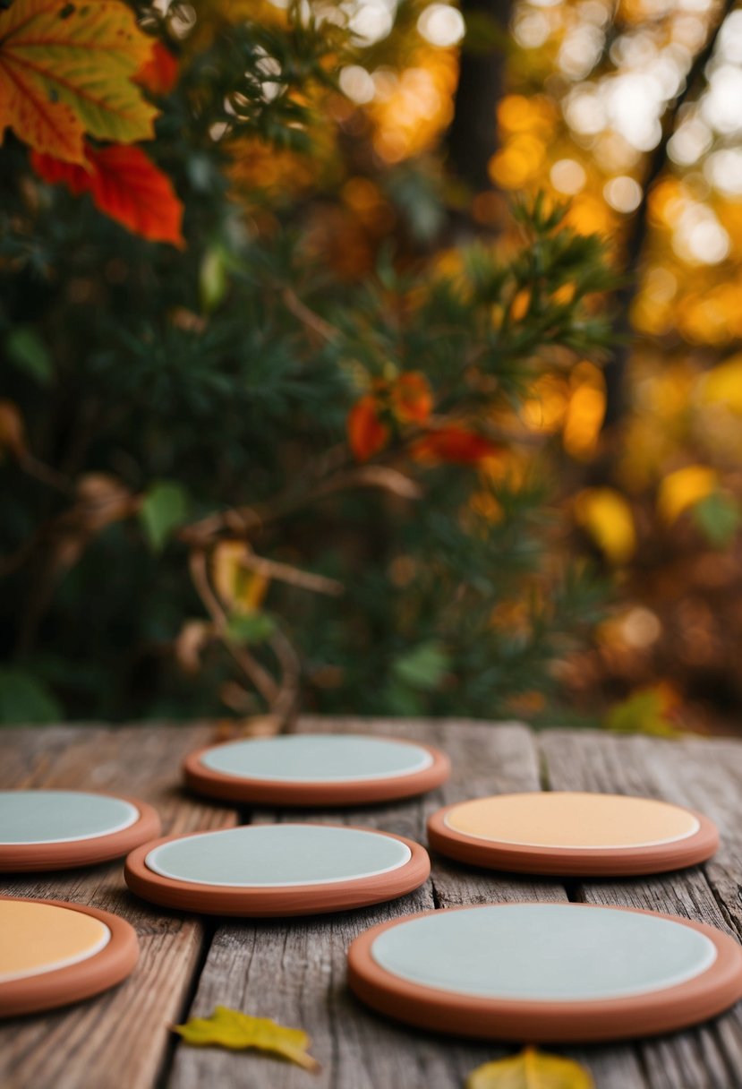 Handcrafted clay coasters arranged in a rustic setting with fall foliage and warm lighting