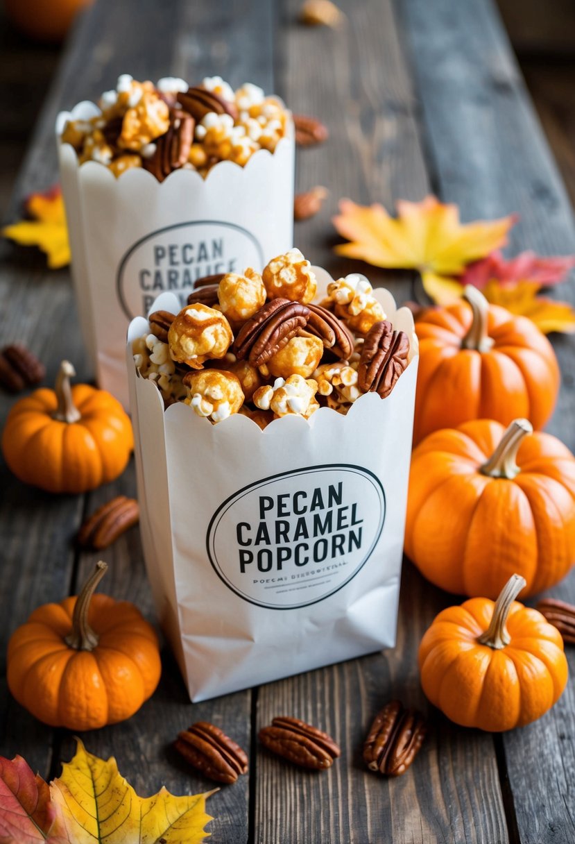 A rustic wooden table adorned with Pecan Caramel Popcorn Bags, surrounded by autumn leaves and small decorative pumpkins