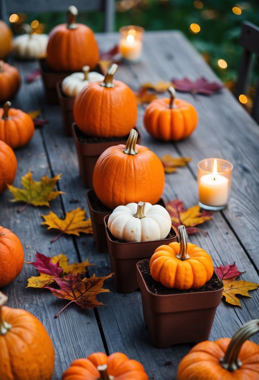 Miniature pumpkin planters arranged on a rustic wooden table with autumn leaves and small decorative pumpkins, surrounded by soft candlelight