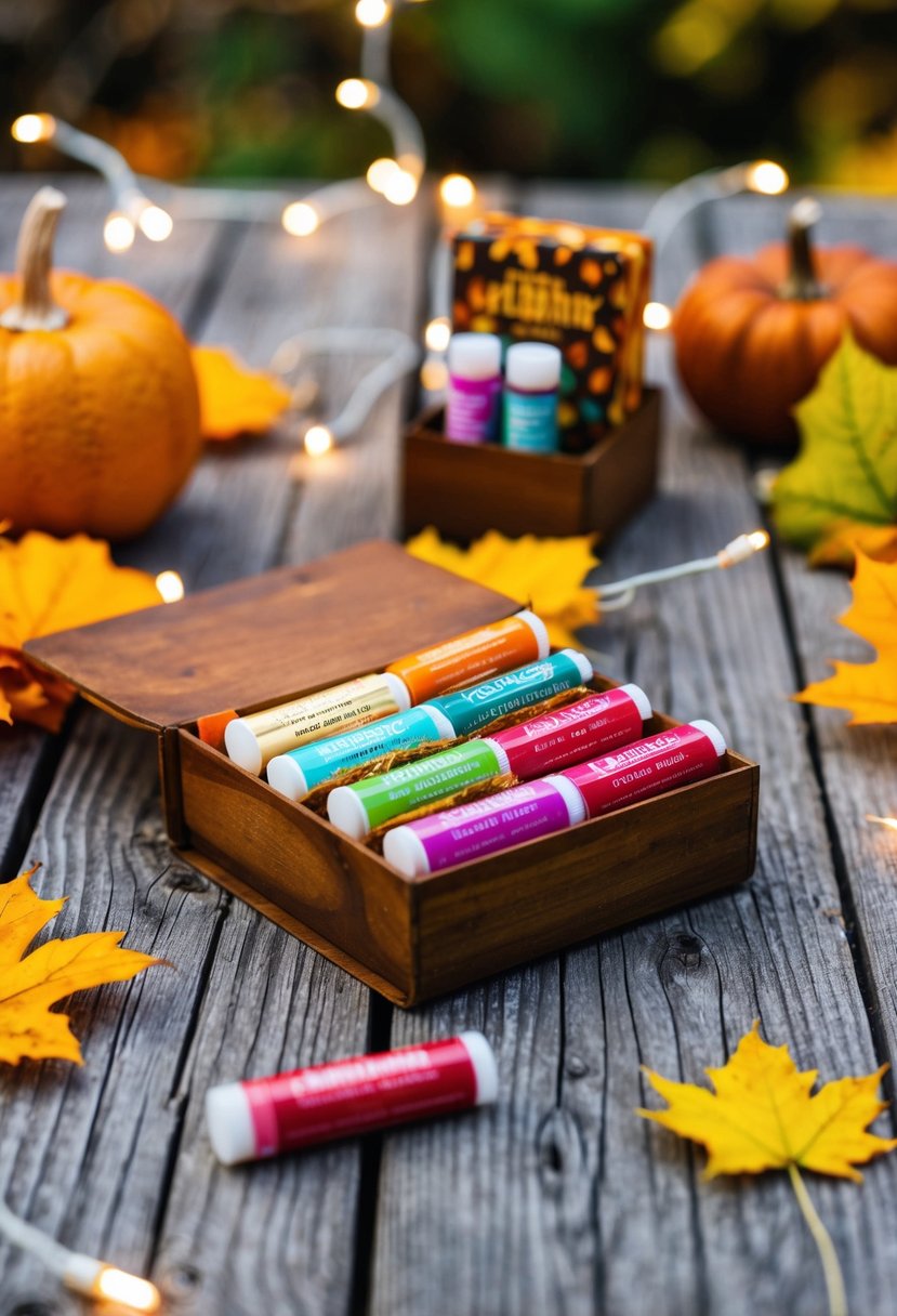 A rustic wooden table adorned with colorful autumn scented lip balms in decorative packaging, surrounded by fall foliage and twinkling string lights