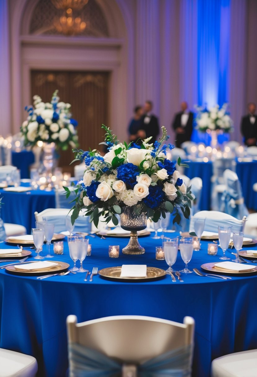 A royal blue wedding ceremony with elegant floral arrangements and shimmering table decor