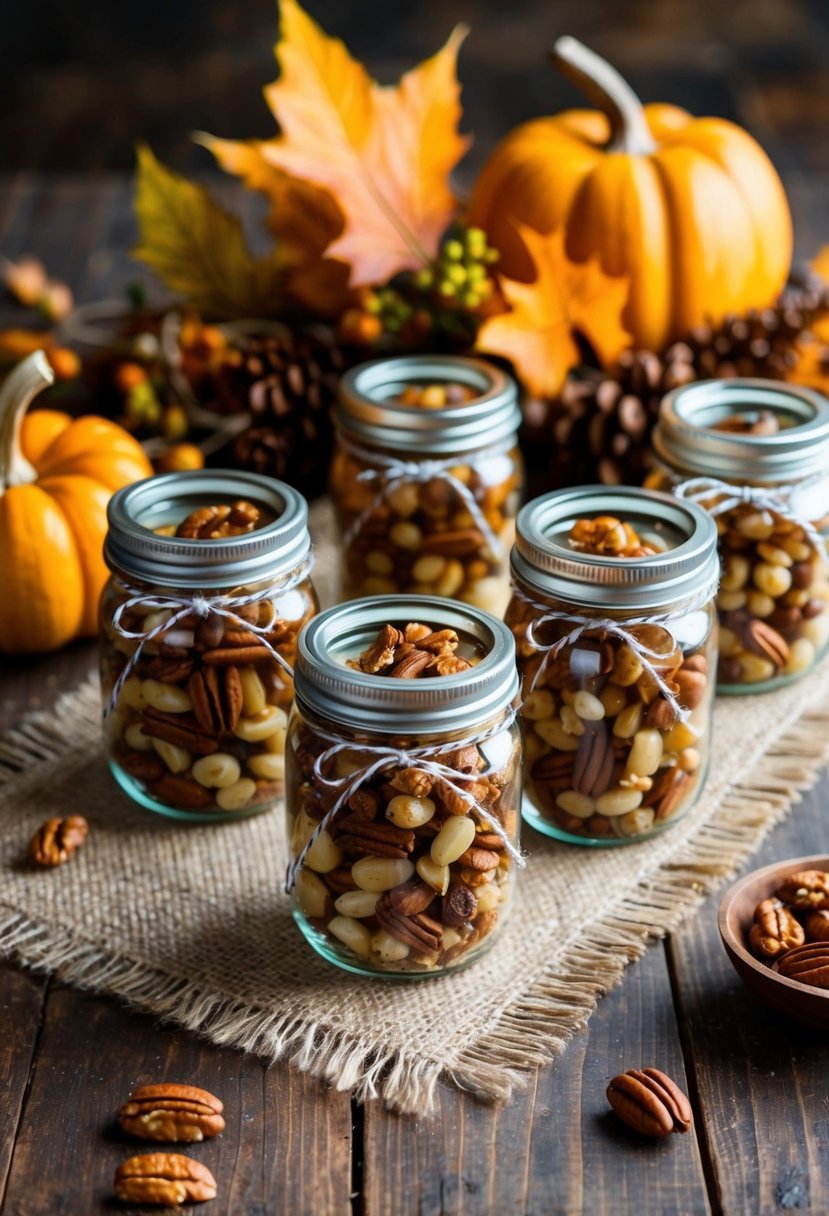 A rustic table with small glass jars filled with spiced nut mix, tied with twine and adorned with fall foliage