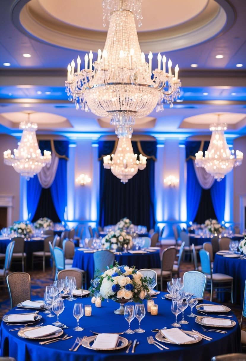 A grand ballroom adorned with royal blue and silver decor, sparkling chandeliers, and elegant floral arrangements