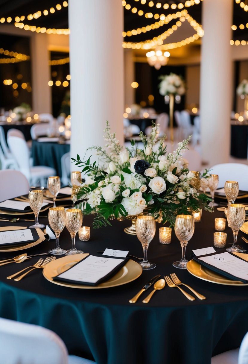 A luxurious black and gold wedding table setting with elegant floral centerpieces and shimmering candlelight