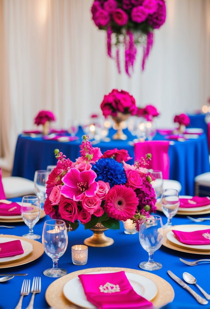 A fuchsia and royal blue fusion wedding decor with vibrant flowers and elegant table settings