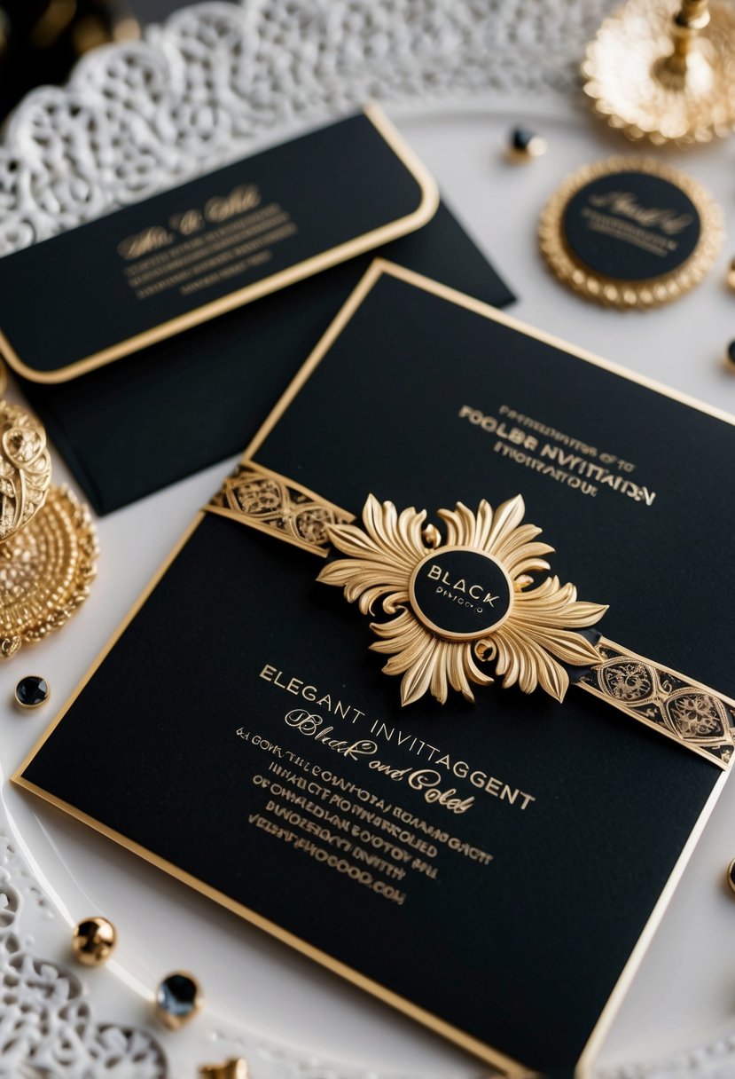 A luxurious black and gold invitation suite with elegant gold accents and intricate details