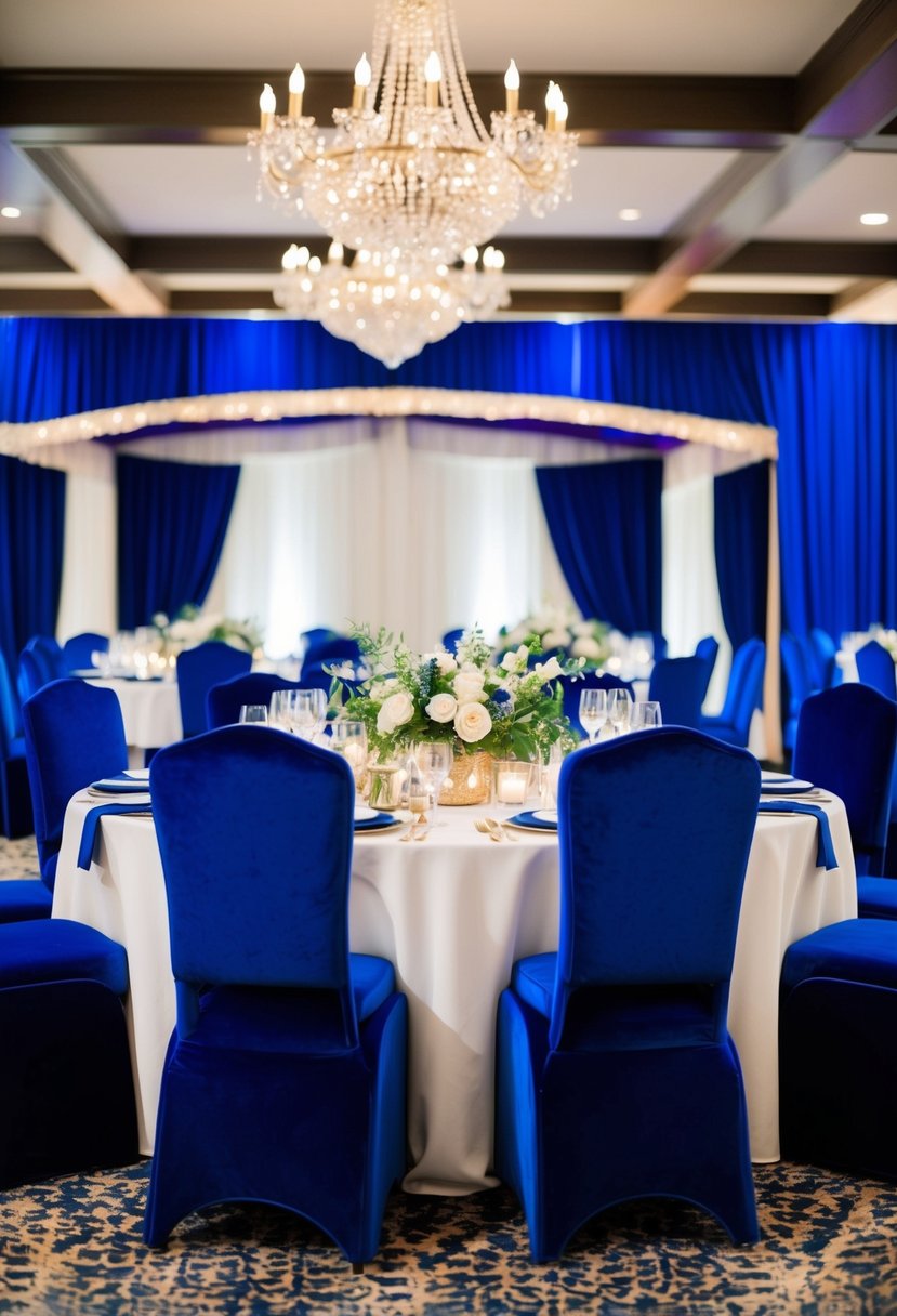 A luxurious royal blue velvet seating arrangement for a chic wedding