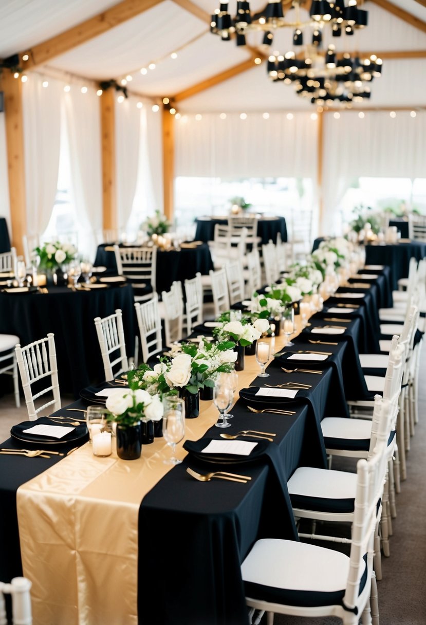 Black tablecloths adorned with gold runners create an elegant setting for a black and gold-themed wedding