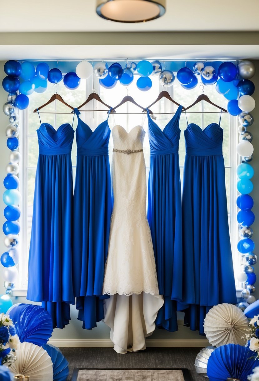 A group of royal blue bridesmaid dresses hanging in a sunlit room, surrounded by coordinating wedding decor in shades of blue and silver