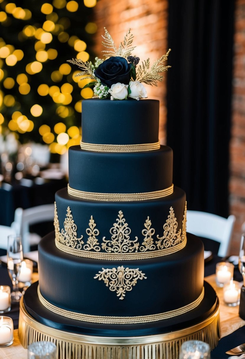 A tiered matte black wedding cake with intricate gold detailing stands as a centerpiece at a black and gold themed wedding reception