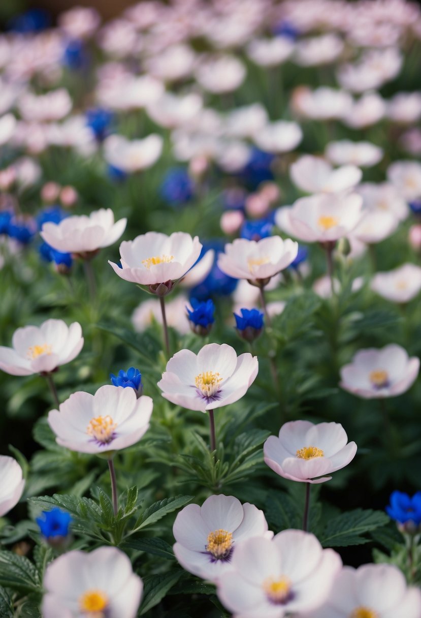 A blooming garden with pale pink flowers and royal blue accents