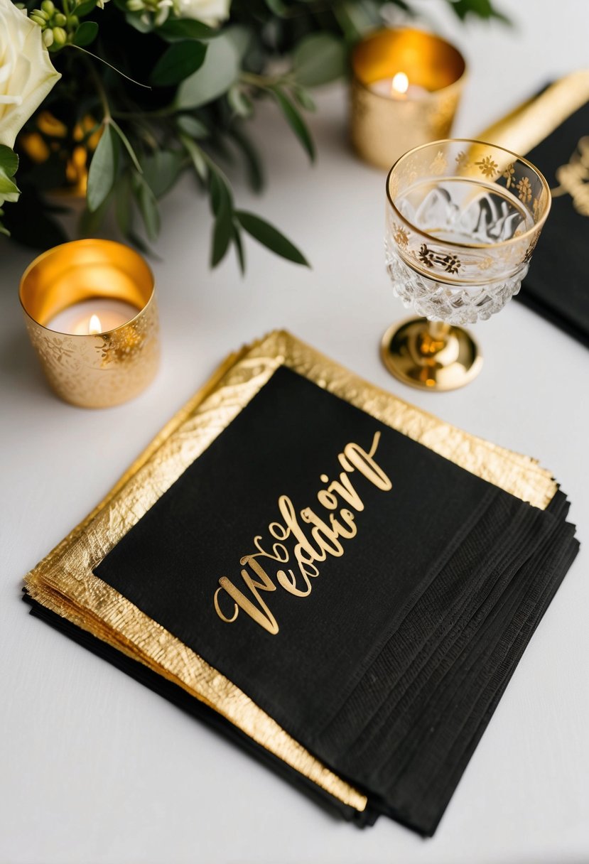 Gold foil-stamped cocktail napkins arranged with black and gold wedding decor