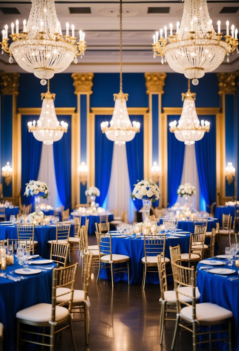 A grand ballroom adorned with royal blue and gold decor, featuring elegant gold accents on the tables, chairs, and chandeliers