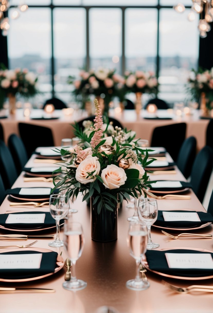 A sleek black and rose gold wedding table setting with elegant floral centerpieces and metallic accents