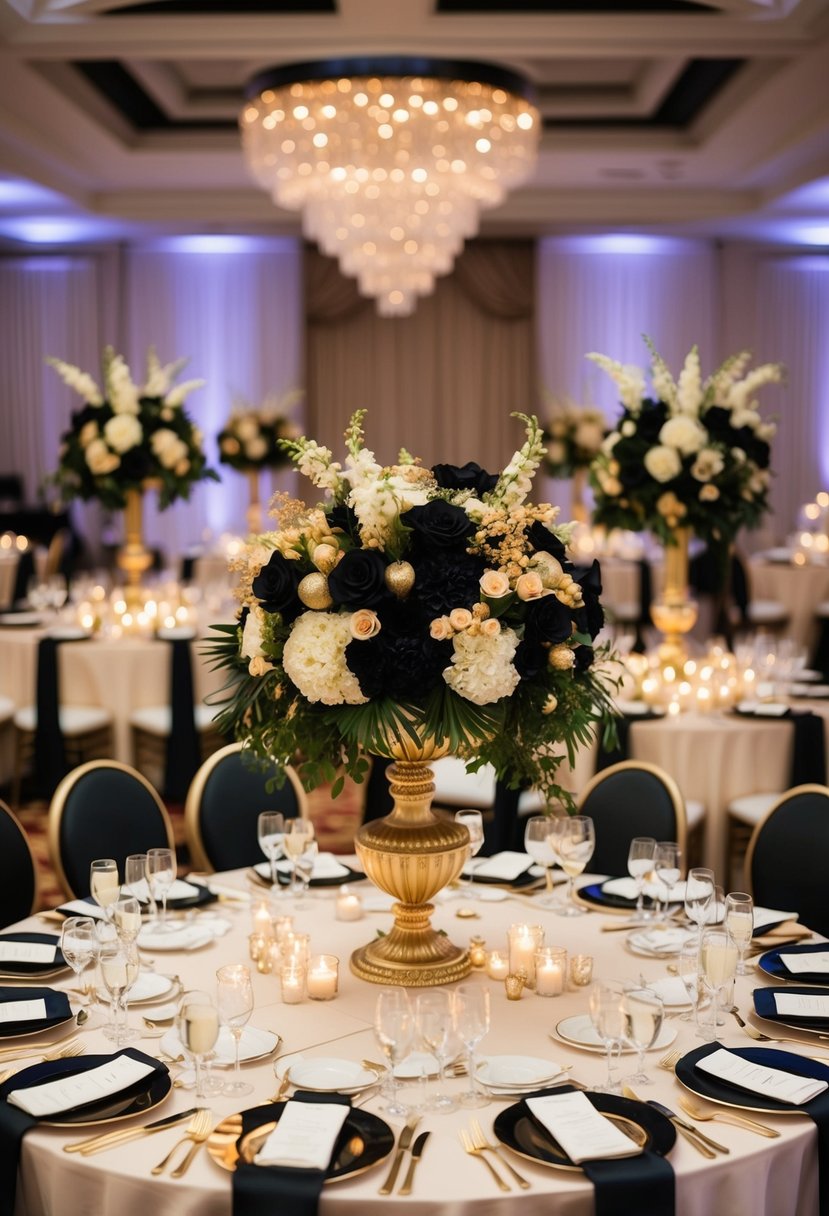 Lavish black and gold floral centerpieces adorn a grand wedding reception, exuding opulence and sophistication