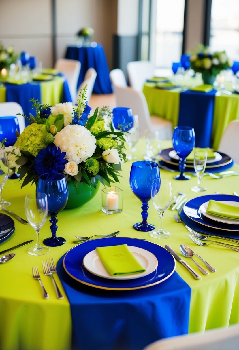 A modern chartreuse and royal blue wedding table setting with contrasting floral centerpieces and elegant place settings