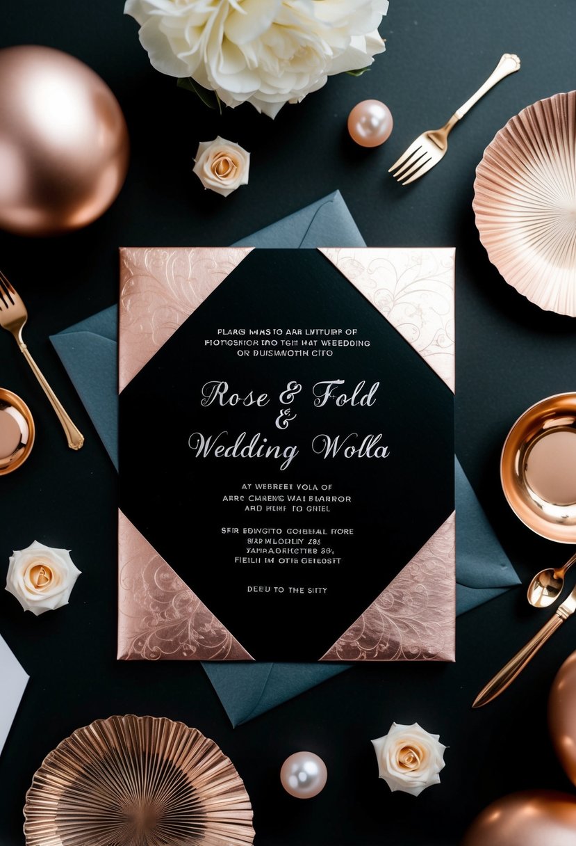 An elegant wedding invitation with rose gold foil accents against a black background, surrounded by rose gold wedding decor