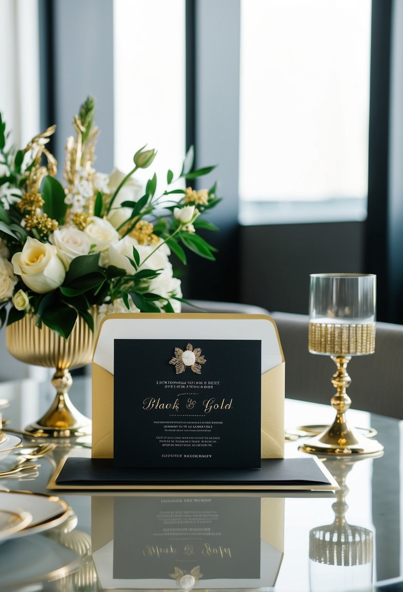 A luxurious black and gold wedding invitation suite displayed on a sleek, modern table with elegant floral arrangements and golden accents