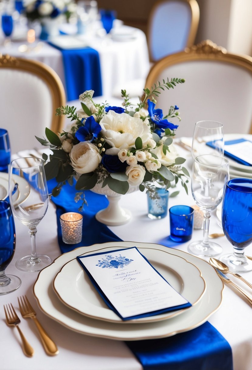 A royal blue and white wedding table setting with elegant floral centerpieces and delicate place settings