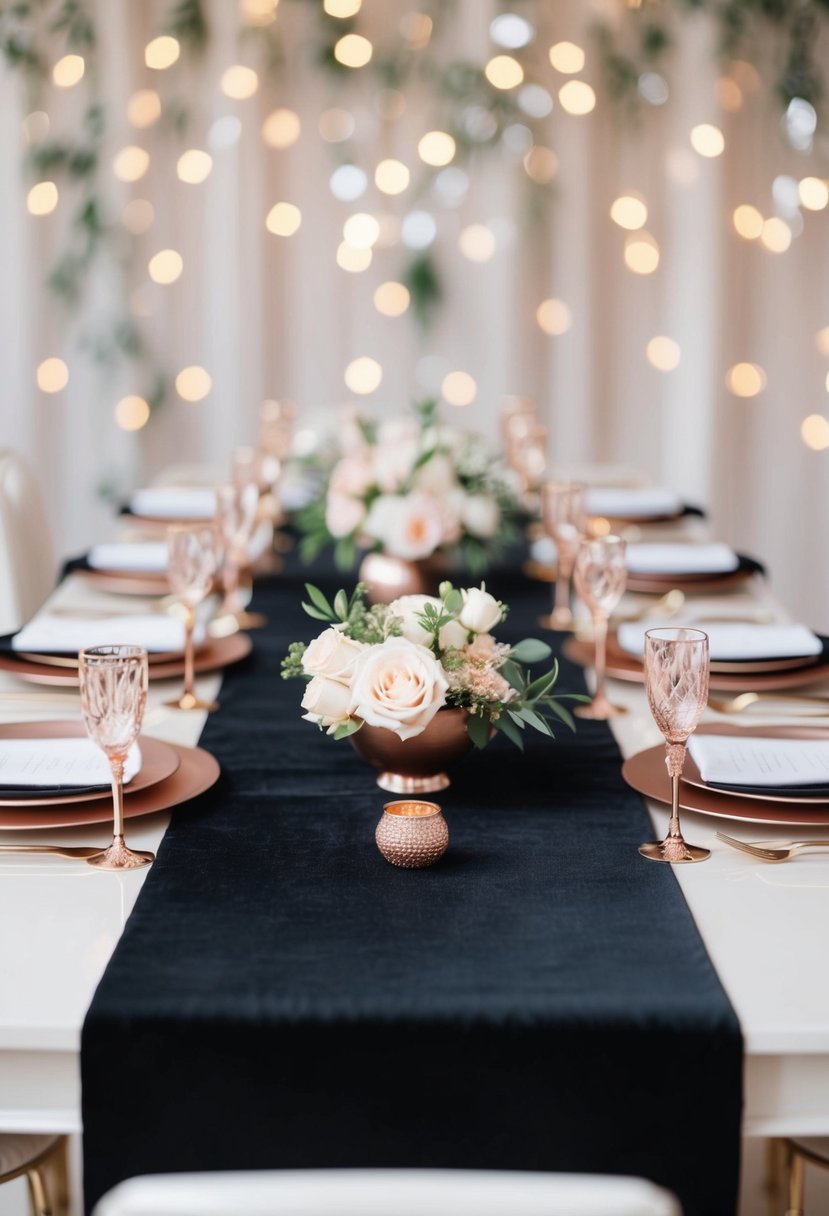 A black velvet table runner adorned with rose gold accents set against a backdrop of elegant wedding decor