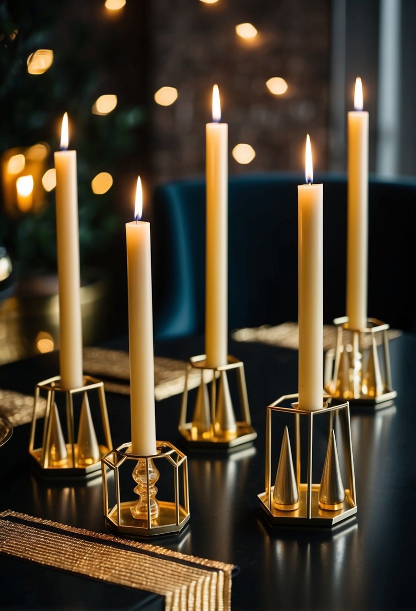 Gold geometric candle holders arranged on a black table with gold accents