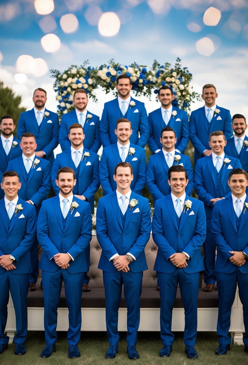 A group of royal blue formal suits arranged in a wedding setting, with elegant accessories and decor to match the royal blue color scheme