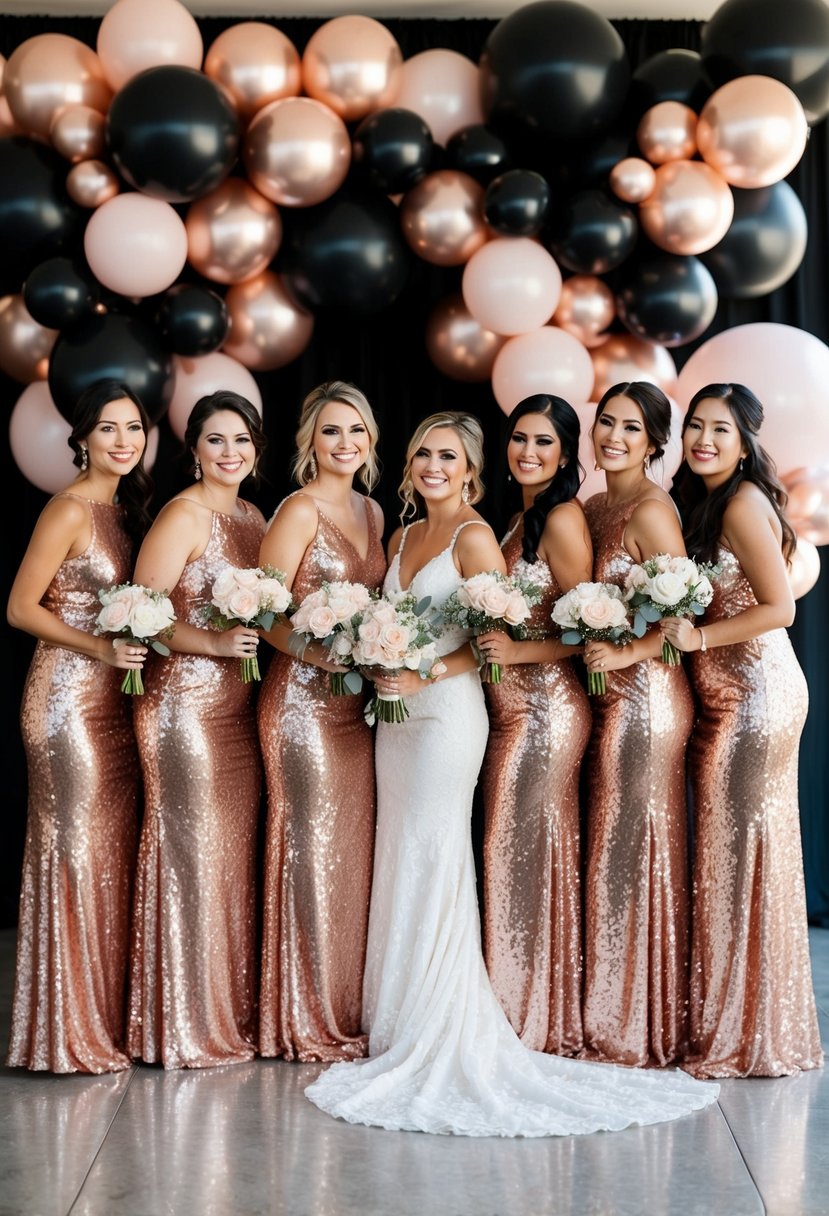 A group of rose gold sequin bridesmaid dresses against a backdrop of black and rose gold wedding decor