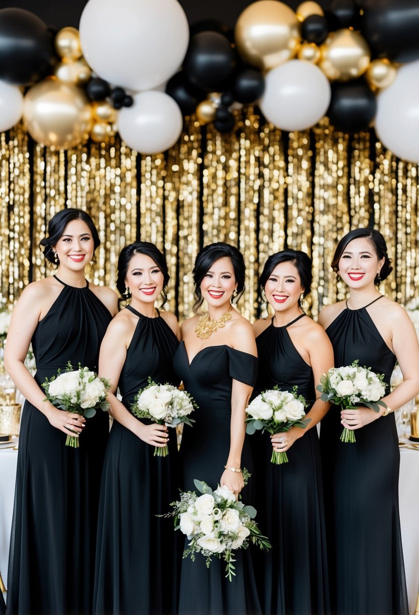 Black bridesmaid dresses with gold jewelry and accents, set against a backdrop of black and gold wedding decor