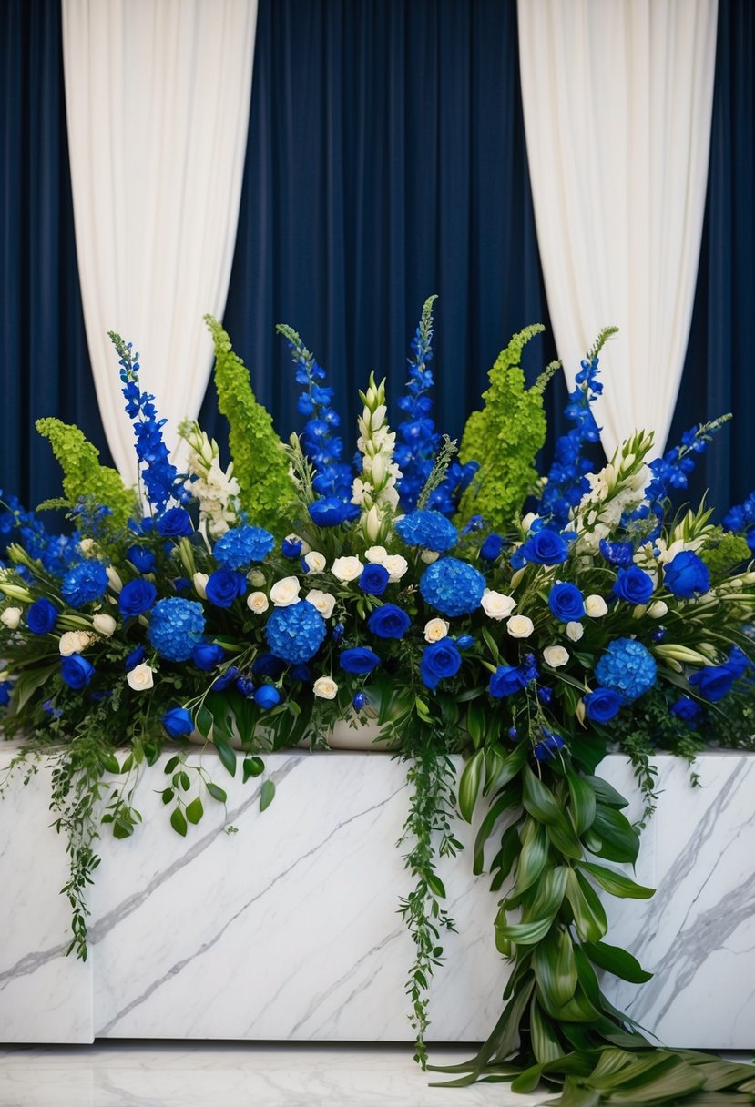 A grand floral arrangement of royal blue flowers and bold greenery cascades down a white marble table, set against a backdrop of deep navy drapery