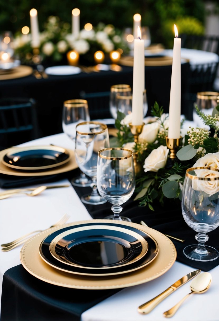 Gold-rimmed glassware arranged on a black and gold table setting, with matching floral centerpieces and candlelight