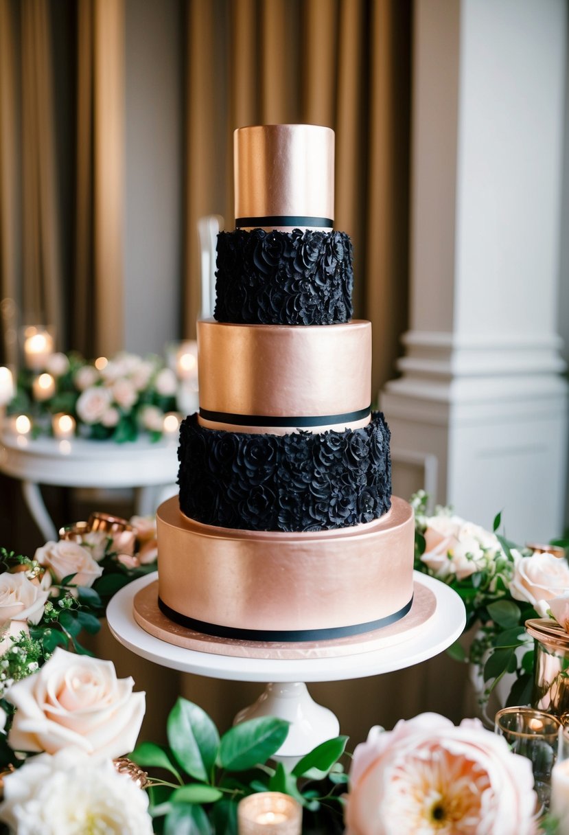 A three-tiered wedding cake with black frosting and rose gold accents sits atop a white table, surrounded by elegant rose gold decor and floral arrangements