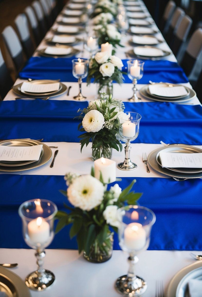 Royal blue table runners draped across a long banquet table, adorned with white floral centerpieces and silver candle holders