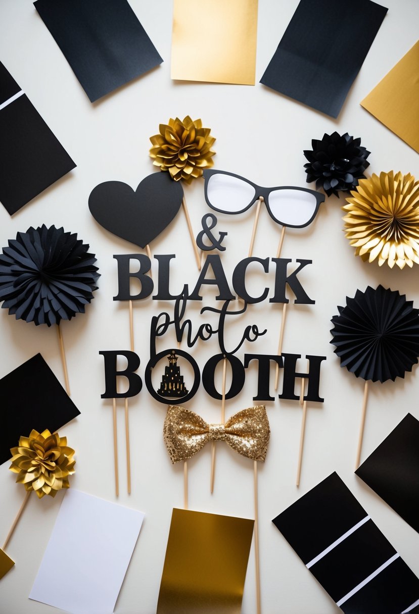 A table adorned with black and gold themed photo booth props, surrounded by swatches of black and gold wedding color ideas