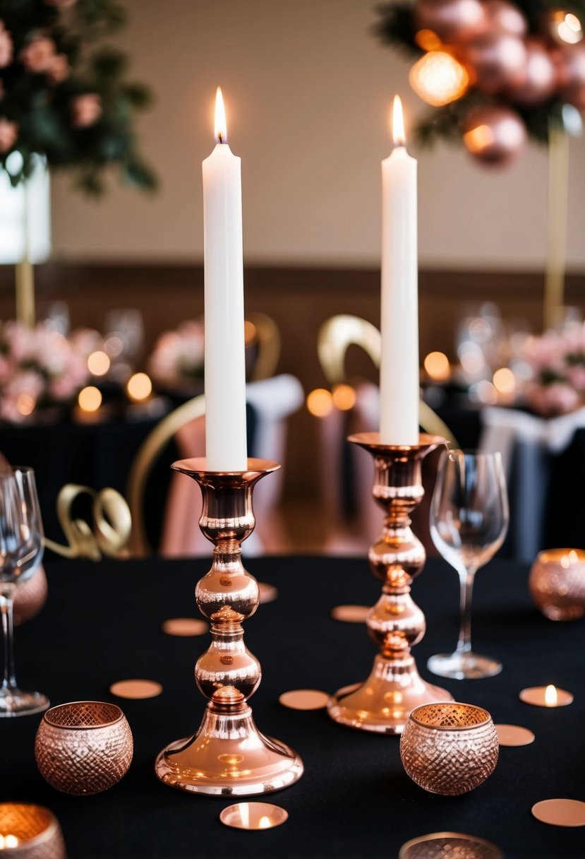 Two rose gold candle holders on a black table, surrounded by rose gold wedding decor