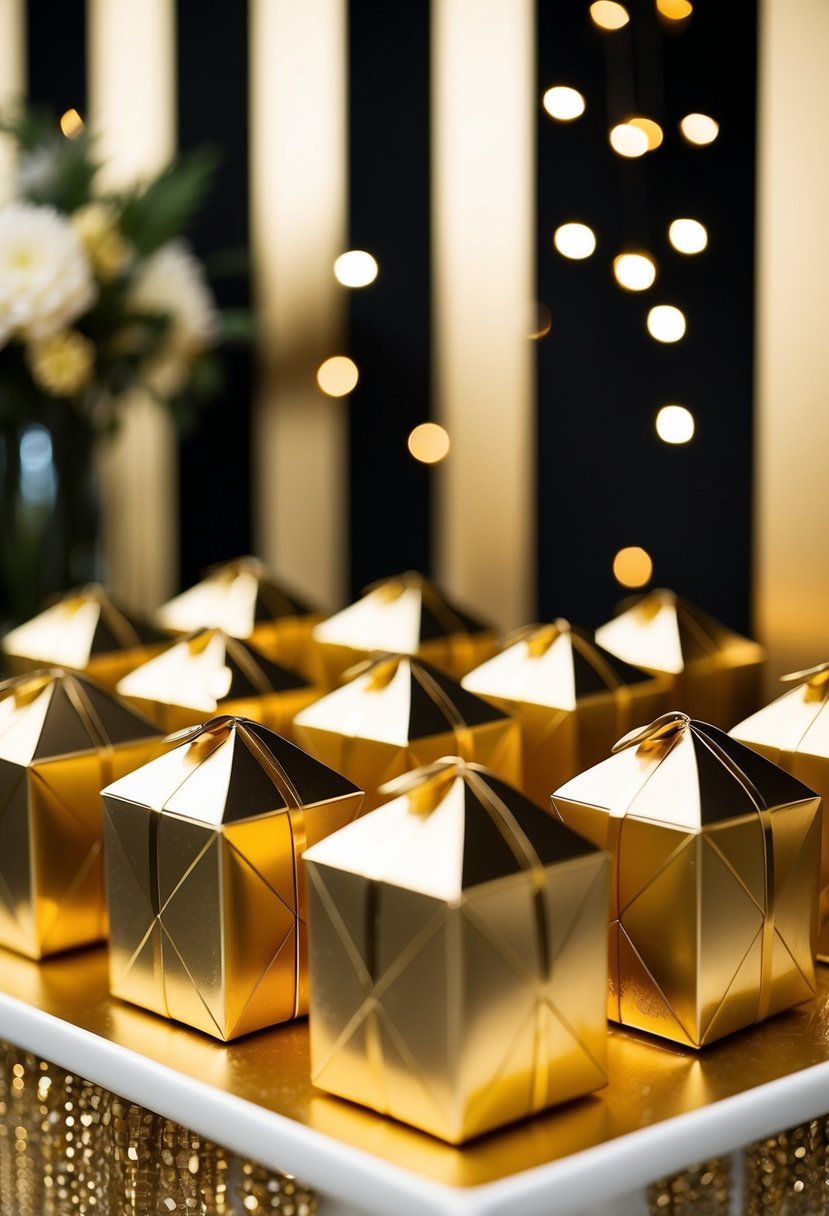 A display of metallic gold favor boxes against a black and gold backdrop