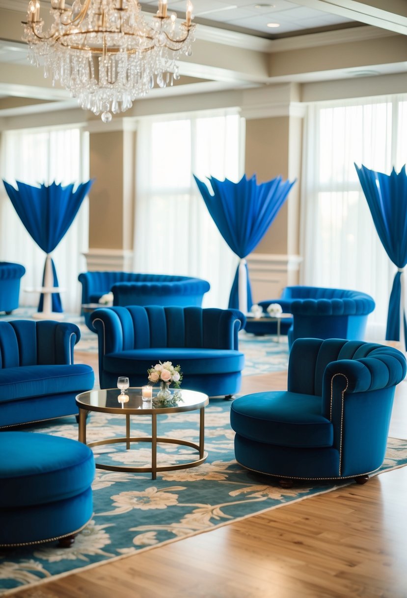 Plush royal blue lounge furniture arranged in an inviting and elegant wedding setting