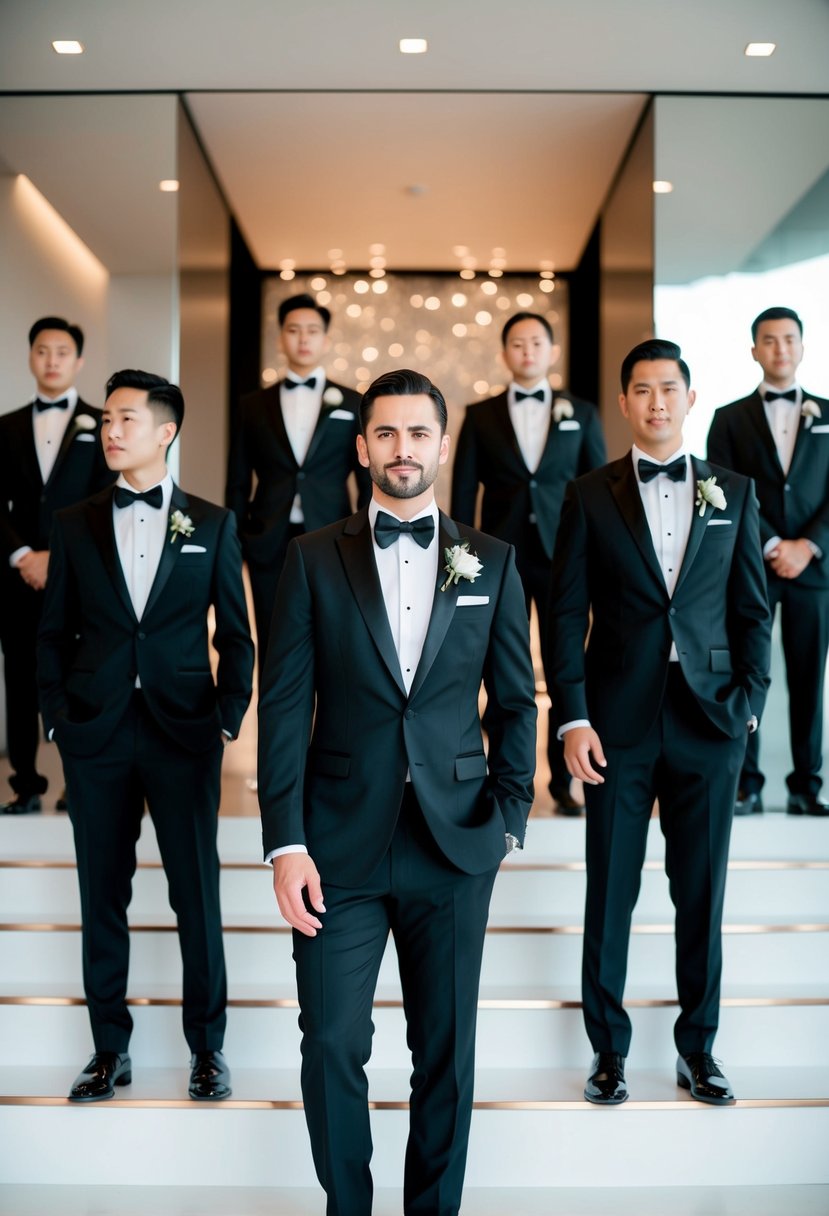 A group of sophisticated black tuxedos adorned with rose gold accents, set against a sleek and modern wedding backdrop