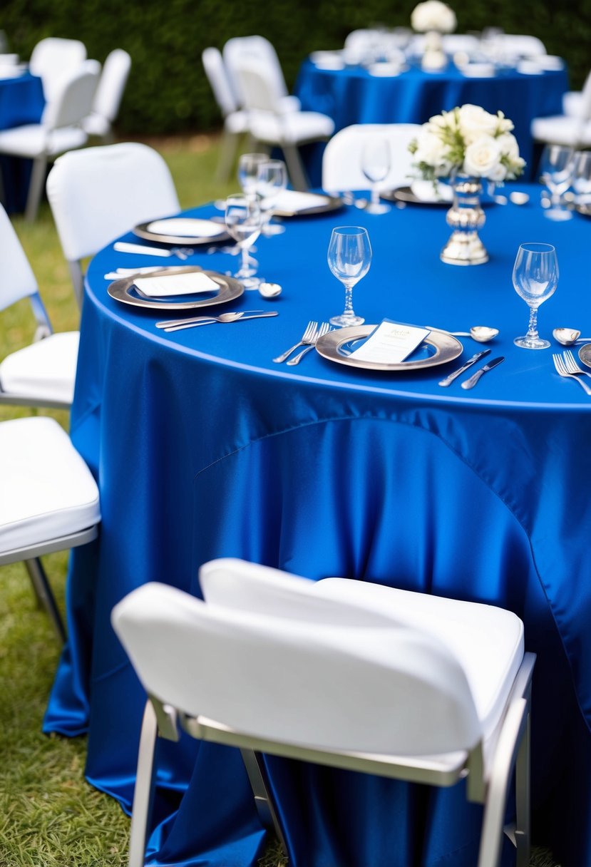 A royal blue satin tablecloth adorned with silver accents, surrounded by coordinating centerpieces and place settings