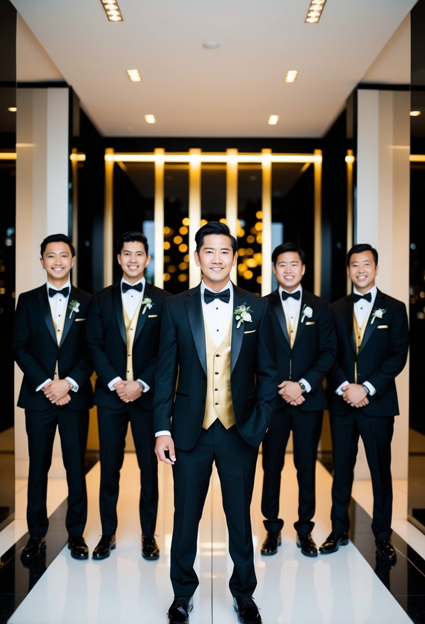 Groomsmen in black tuxedos with gold vests stand in a sleek, modern wedding setting with black and gold accents