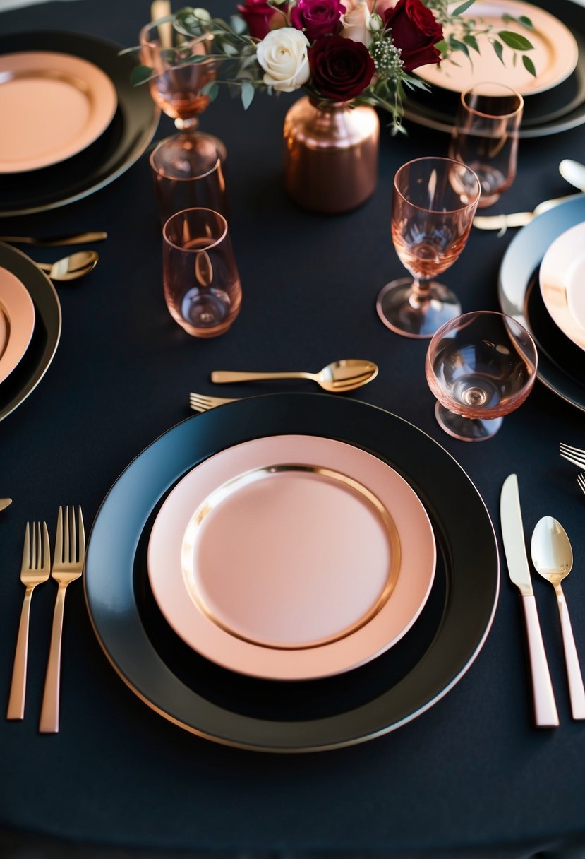 A black table set with rose gold accent plates and matching cutlery