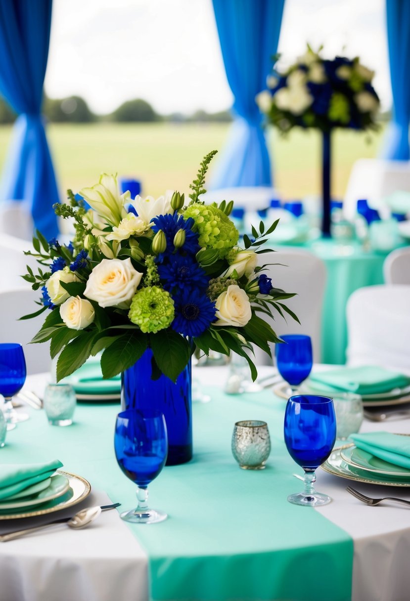 A mint green and royal blue wedding scene with playful, elegant pairings of flowers, table settings, and decor