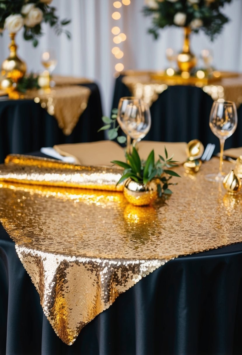 Gold sequin table overlays shimmering on a black tablecloth, surrounded by gold accents and decor for a luxurious wedding setting