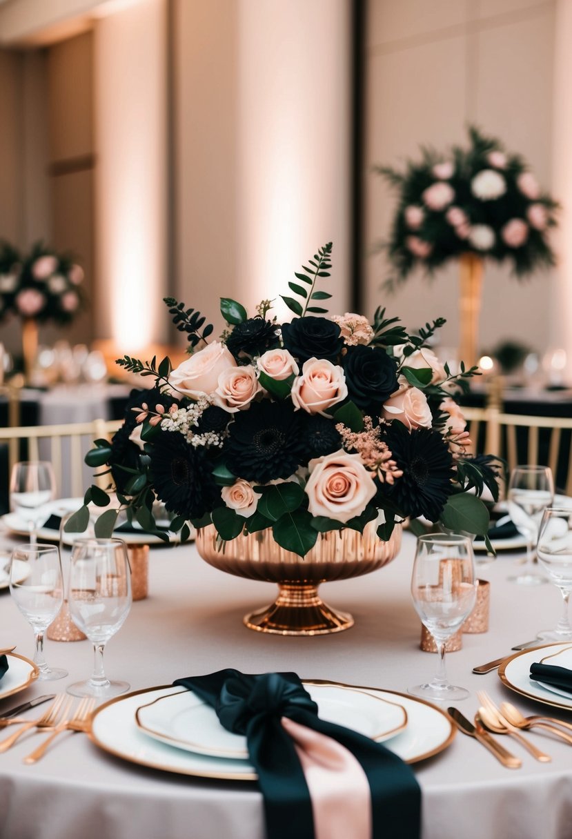 A table adorned with black and rose gold floral centerpieces, creating an elegant and luxurious ambiance for a wedding celebration