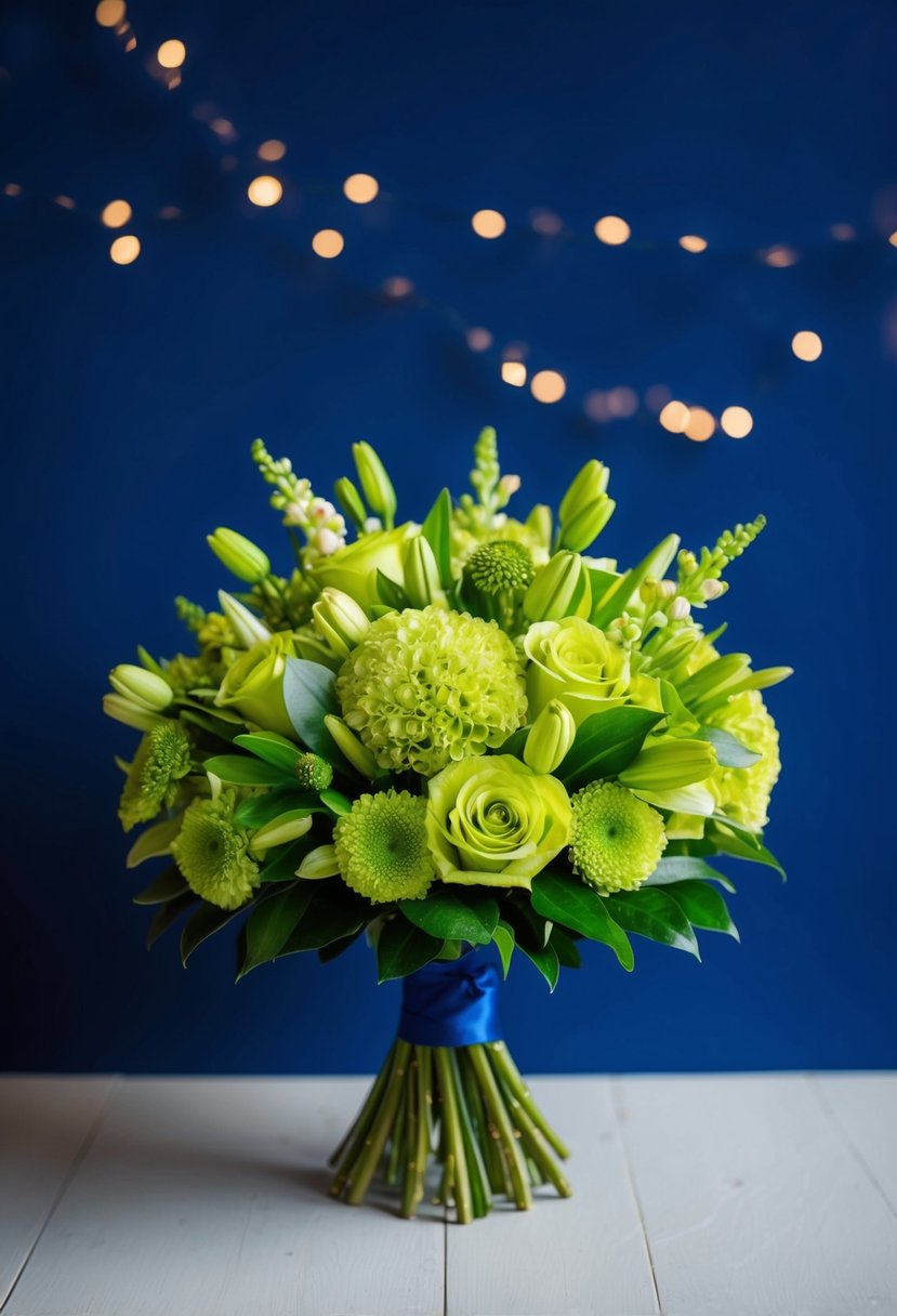 A vibrant lime green bouquet against a deep royal blue backdrop