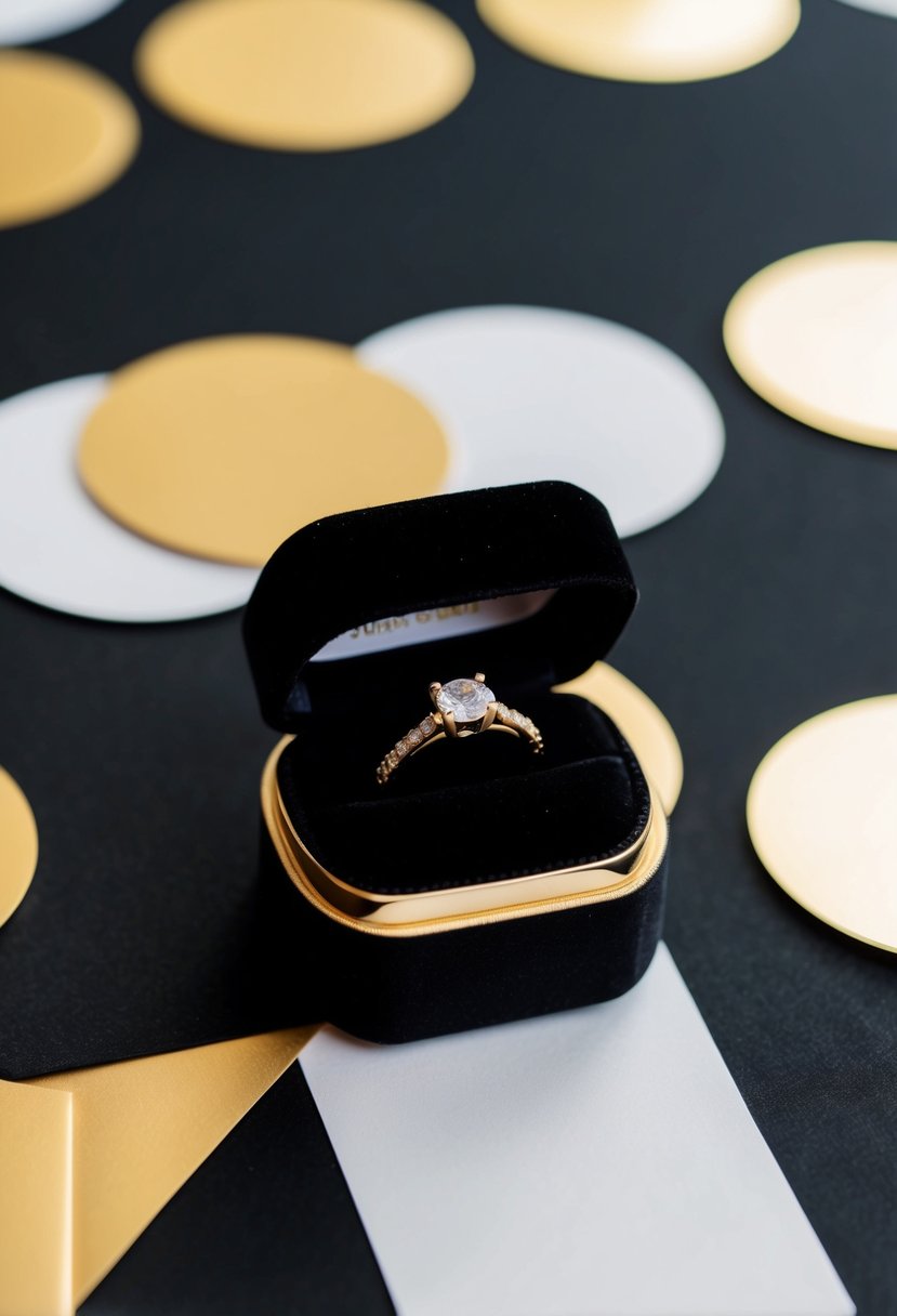 A black velvet ring box with gold accents sits on a black and gold wedding color palette