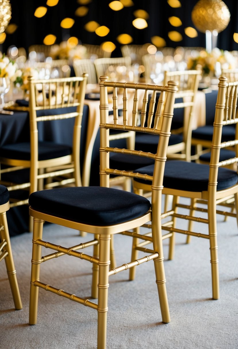 Gold chiavari chairs arranged in an elegant setting with black and gold decor