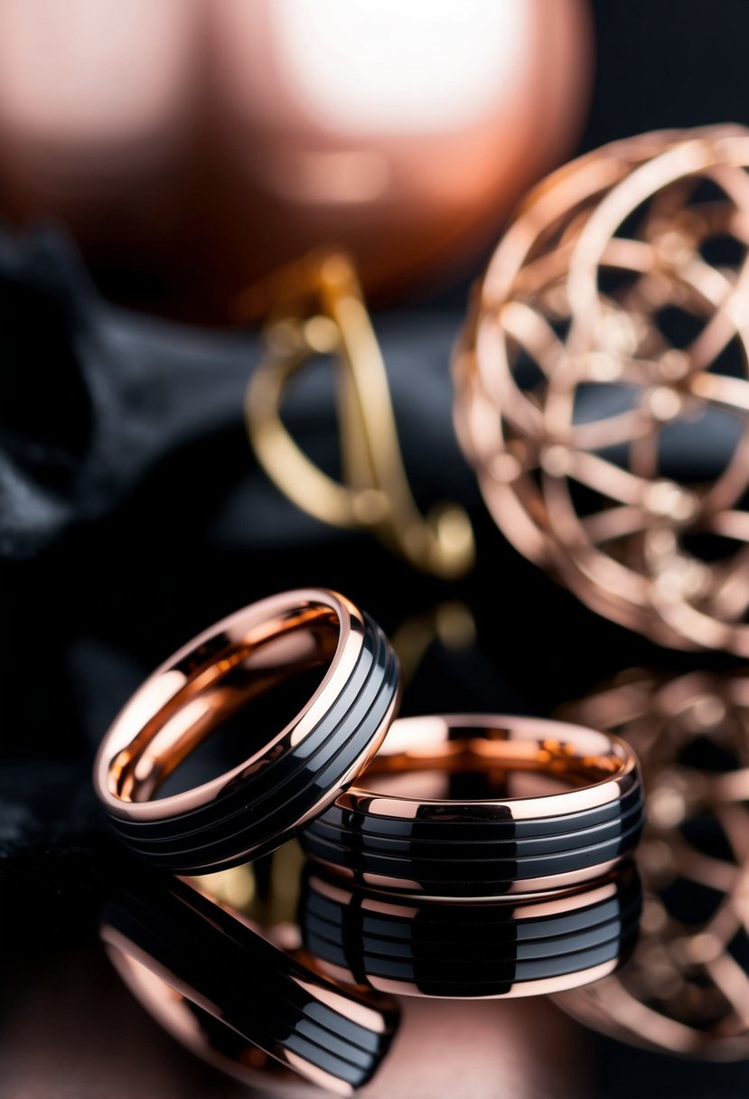 Two rose gold wedding rings entwined with black accents, set against a backdrop of elegant rose gold and black decor